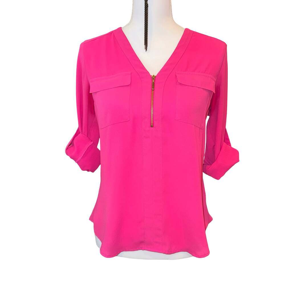Express Hot Pink Zip Front Roll-Tab Sleeve Blouse Size XS